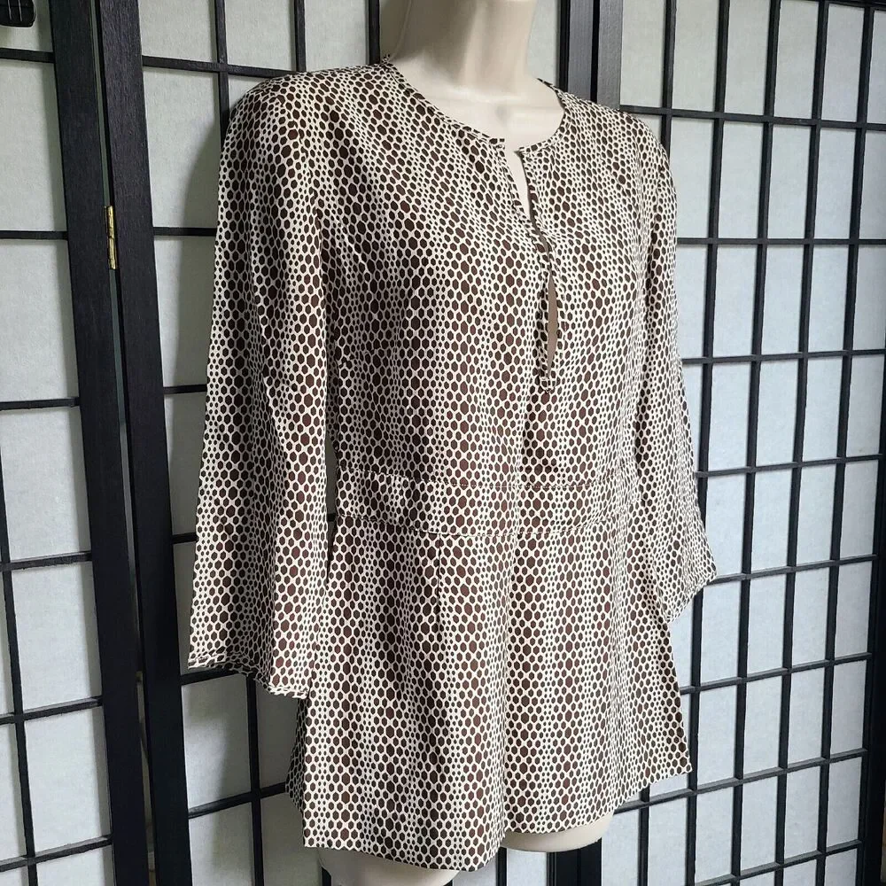 Tory Burch Womens Size 4 100% Silk Geometric Long Sleeve Blouse Tunic Brown